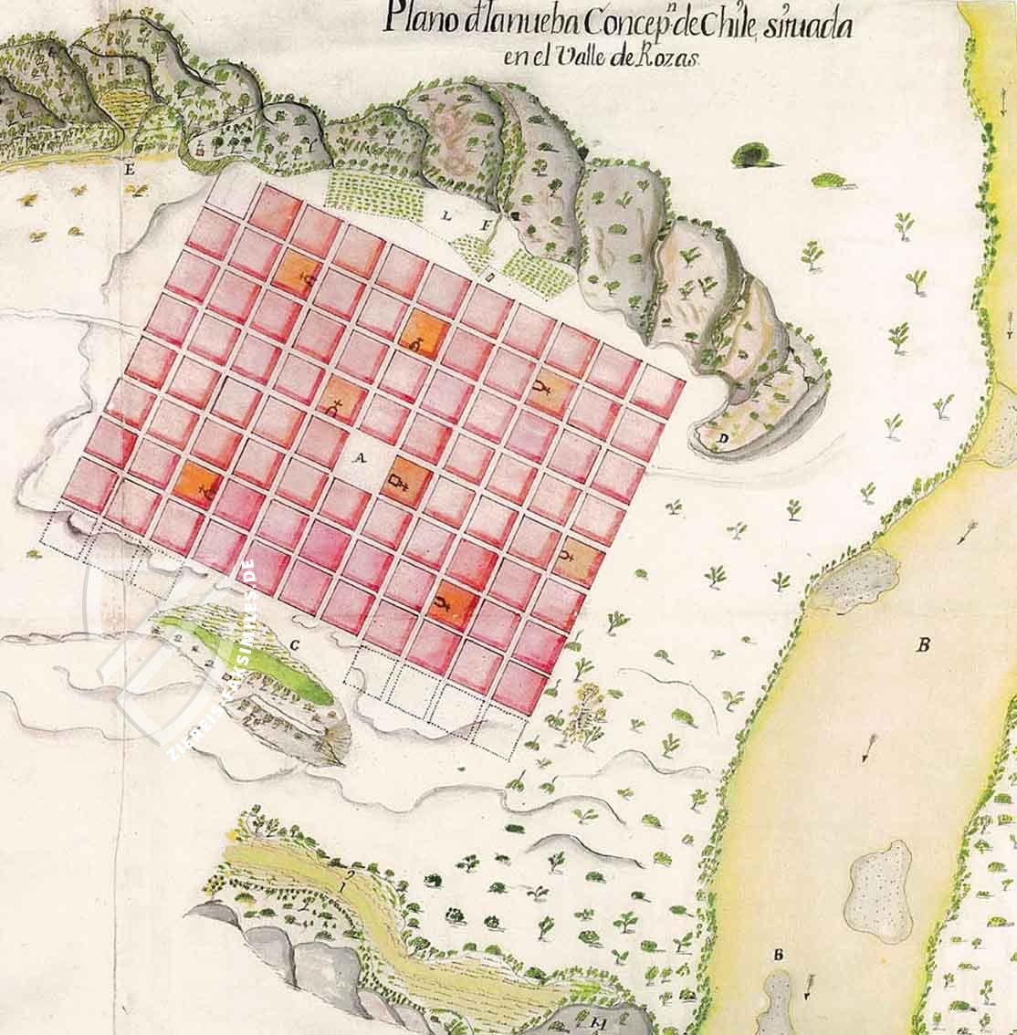 Landschaft und Urbanisierung der Kolonie Chile – Testimonio Compañía Editorial – Sección de Mapas y Planos, Serie de Perú y Chile – Archivo General de Indias (Sevilla, Spanien)