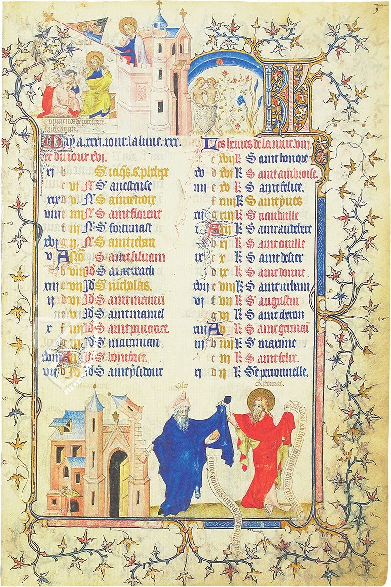 Auf den Kalenderblättern sind manchmal Heilige abgebildet, oft lokale Heilige, deren Festtage in den jeweiligen Monat fallen (Les Petites Heures du Duc de Berry, Paris — 1372–1390)