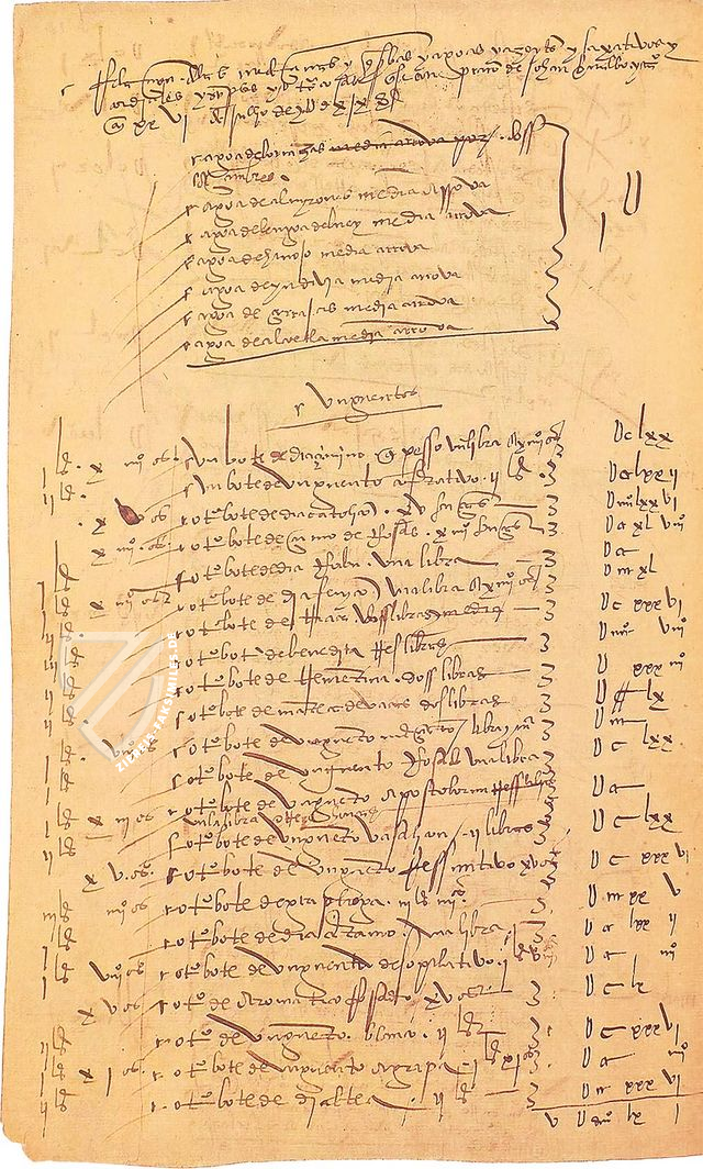 Relación de las Medicinas Adquiridas para la Armada de Fernando de Magallanes – Taberna Libraria – Contratación, 3255, libro I, ff. 96v-97v – Archivo General de Indias (Sevilla, Spanien) Relación de las Medicinas Adquiridas para la Armada de Fernando de Magallanes – Taberna Libraria – Contratación, 3255, libro I, ff. 96v-97v – Archivo General de Indias (Sevilla, Spanien)
