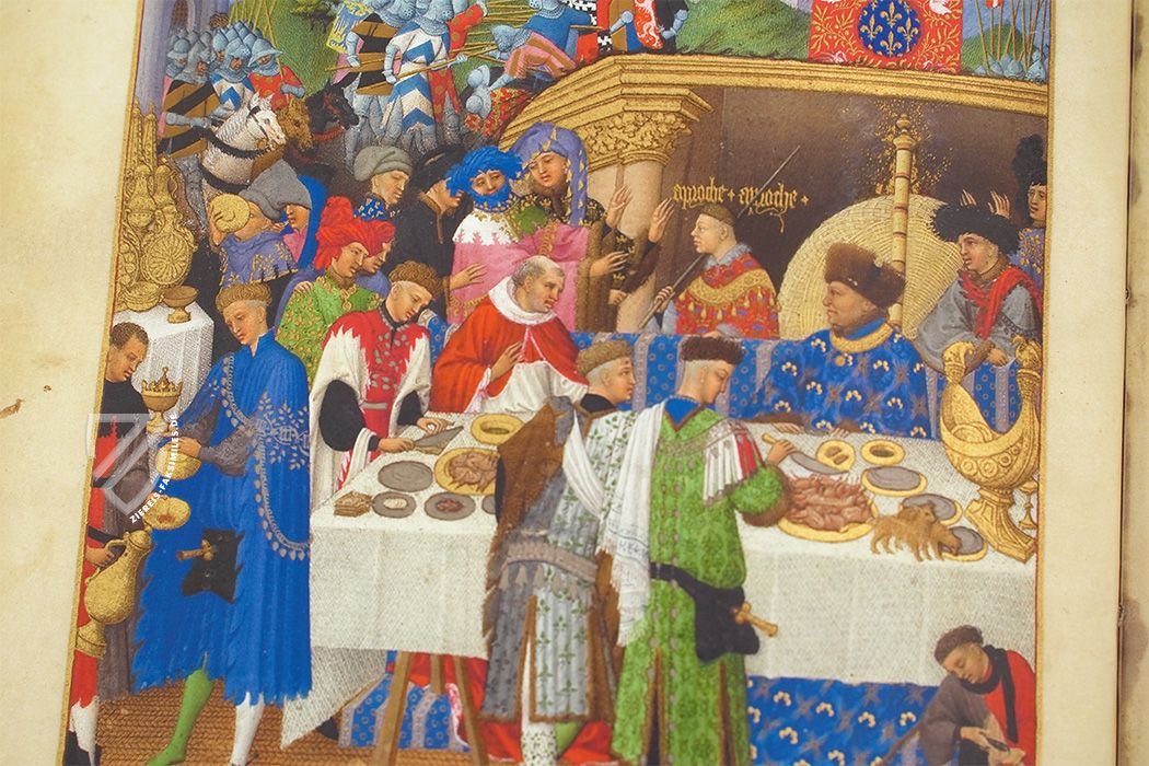 Das Neujahrsfest des Herzogs im Januar: Nicht alle "Arbeiten des Monats" waren auch wirklich mit Arbeit verbunden (Les Très Riches Heures du Duc de Berry, Paris und/oder Bourges, Frankreich — 1410–1416 und 1485–1489)