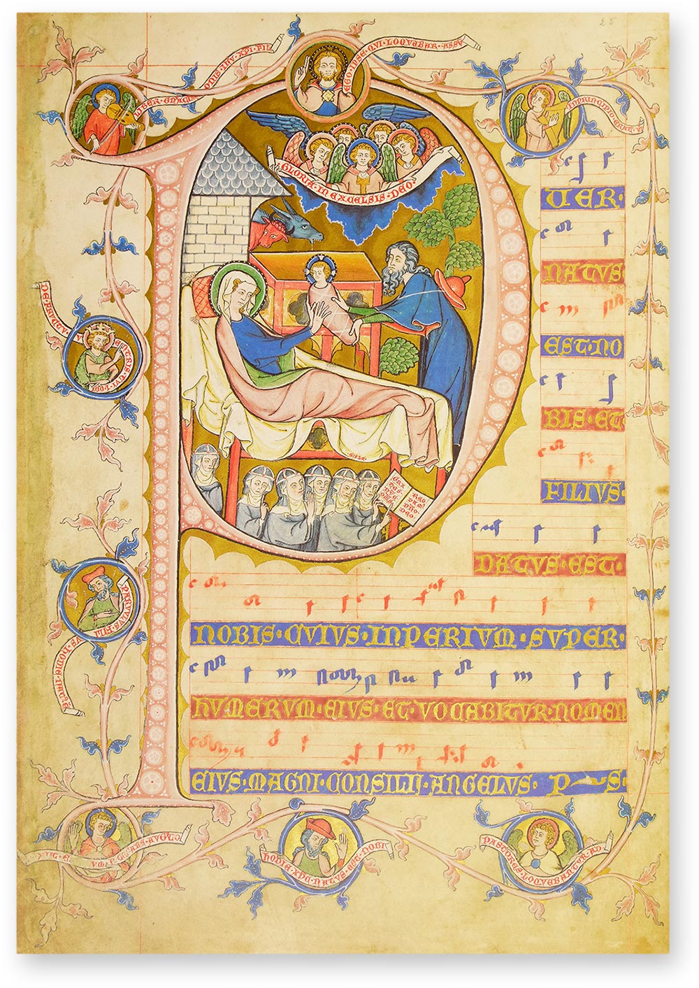 Codex Gisle Historisierte P-Initiale: Bildeinschluss-Initiale mit der Geburt Christi und Figurenmedaillons. (Codex Gisle, Zisterzienser-Konvent von Rulle, Osnabrück (Deutschland) — Um 1300)