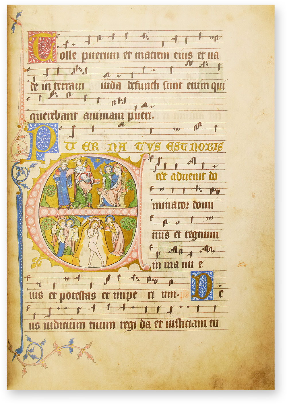 Codex Gisle Historisierte E-Initiale: Bildeinschluss-Initiale mit Szenen aus der Vita Christi. (Codex Gisle, Zisterzienser-Konvent von Rulle, Osnabrück (Deutschland) — Um 1300)