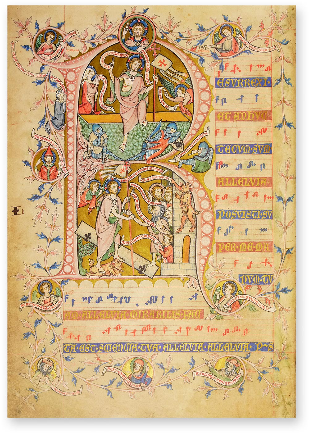 Codex Gisle Historisierte R-Initiale: Bildeinschluss-Initiale mit Szenen aus der Vita Christi und Figurenmedaillons. (Codex Gisle, Zisterzienser-Konvent von Rulle, Osnabrück (Deutschland) — Um 1300)
