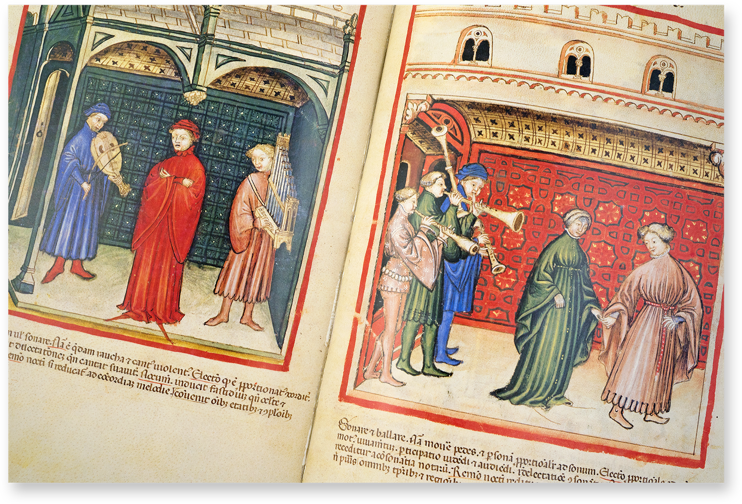 Gesang mit Orgelbegleitung oder Saitenspiel (organare cantum vel sonare) und Musizieren und Tanzen (sonare et balare) im Tacuinum Sanitatis in Medicina