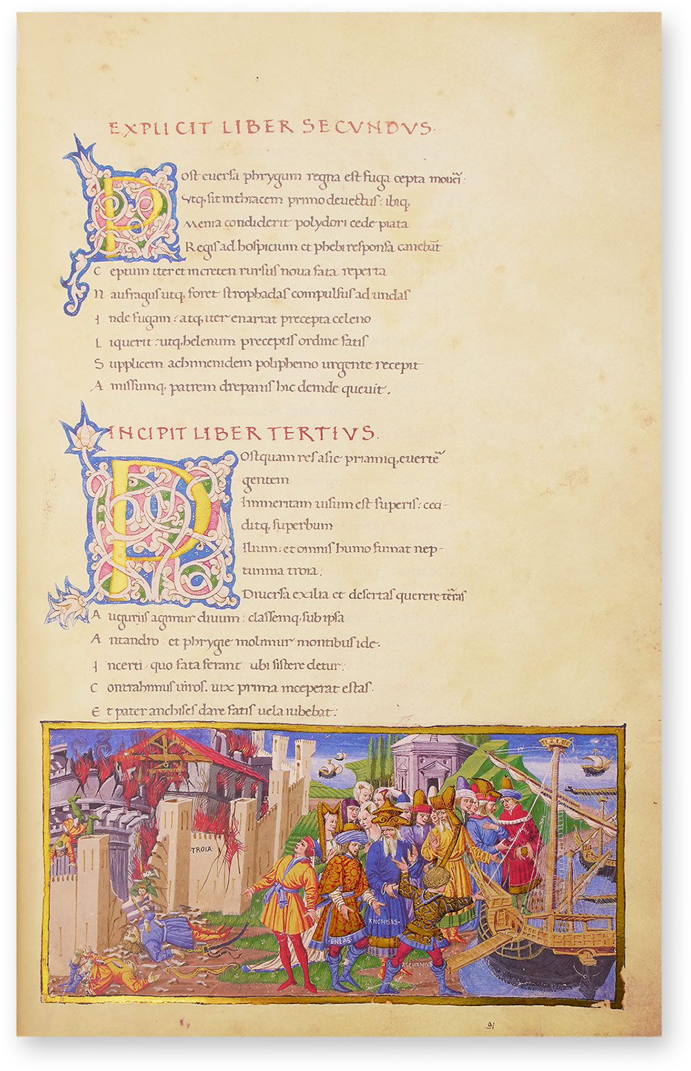 Riccardiana-Vergil - Bucolica, Georgica, Aeneis Auf dieser Seite vollzieht sich ein Kapitelwechsel, der durch die beiden schmuckvollen Weißranken-Initialen visuell verdeutlicht wird: Während die obere kleinere P-Initiale das Explicit des zweiten Buches einläutet, beginnt mit der größeren P-Initiale das dritte Buch. Besonders kunstvoll ist hier der Umgang mit dem leuchtend blauen Grund der Initialen, der sich der komplizierten Silhouette der umrankten Buchstaben anpasst. (Riccardiana-Vergil - Bucolica, Georgica, Aeneis, Florenz (Italien) — Um 1460)