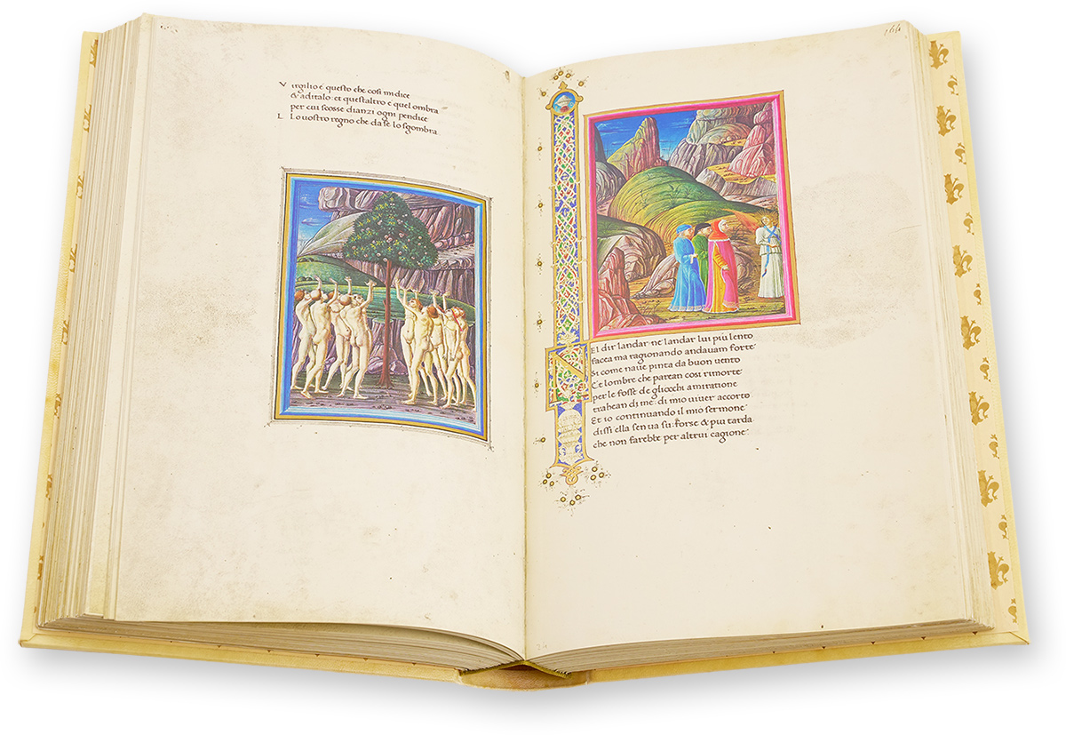 Dante Urbinate Viele Seiten dieser Dante-Handschrift weisen Weißranken-Initialen auf, die in einen langen, senkrechten Bordürenstab eingebunden sind, der ebenfalls kunstvoll mit Weißranken gefüllt ist. Sowohl die Buchstabenkörper der Initialen als auch die Rahmenleisten sind dabei entsprechend der Miniaturen in Gold ausgeführt. (Dante Urbinate, Urbino und Ferrara (Italien) — Um 1480)