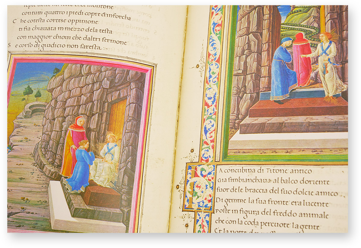 Dante Urbinate Über das goldene Rahmenwerk ist diese L-Initiale sowohl mit der Bordüre als auch mit der Miniatur verbunden. (Dante Urbinate, Urbino und Ferrara (Italien) — Um 1480)