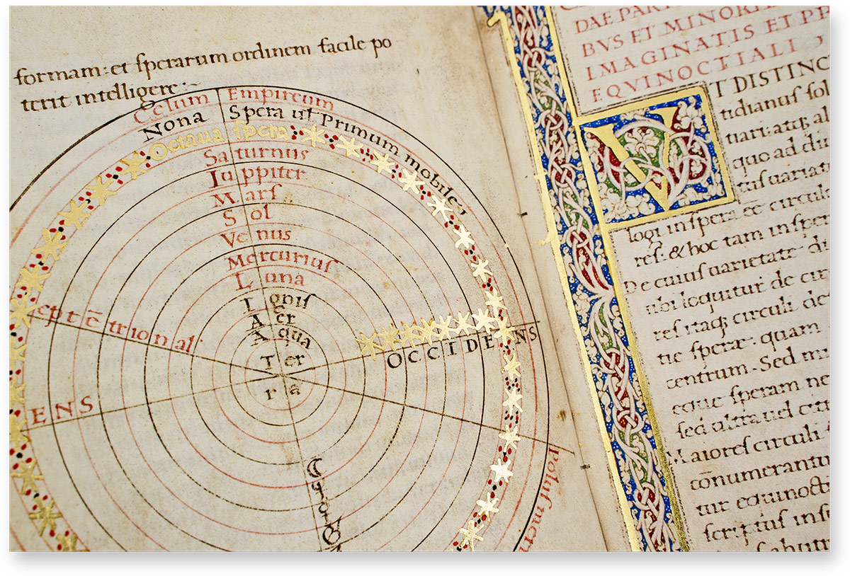 Christianus Prolianus Astronomia Dem faszinierenden Diagramm steht eine U- bzw. V-Initiale gegenüber, die stark in das Geflecht der weißen Ranken eingebunden ist. (Christianus Prolianus Astronomia, Neapel (Italien) — 1478)