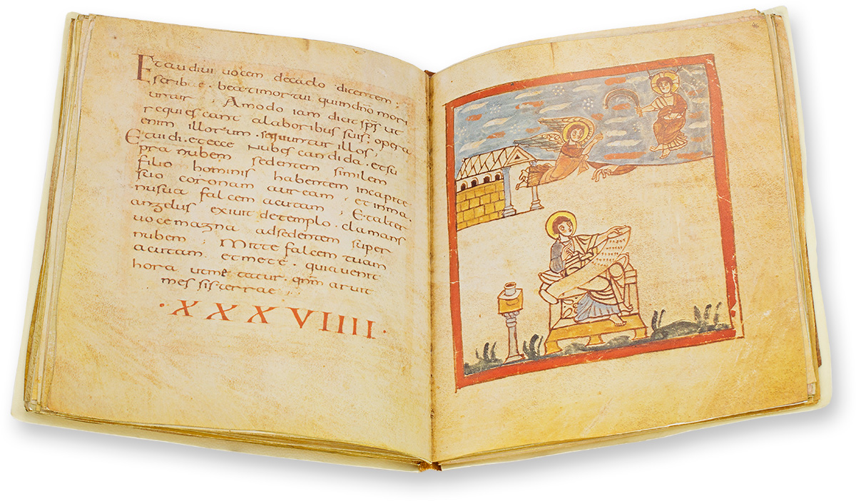 Trierer Apokalypse Die Trierer Apokalypse nimmt eine einzigartige Brückenfunktion zur Kunst der Spätantike ein: Einige Figuren der 74 ganzseitigen Miniaturen erinnern auffällig stark an pagane antike Vorbilder. (Trierer Apokalypse, Nordfrankreich (wohl Tours) — Um 800)