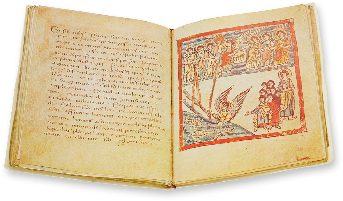 Trierer Apokalypse Die Trierer Apokalypse nimmt eine einzigartige Brückenfunktion zur Kunst der Spätantike ein: Einige Figuren der 74 ganzseitigen Miniaturen erinnern auffällig stark an pagane antike Vorbilder. (Trierer Apokalypse, Nordfrankreich (wohl Tours) — Um 800)