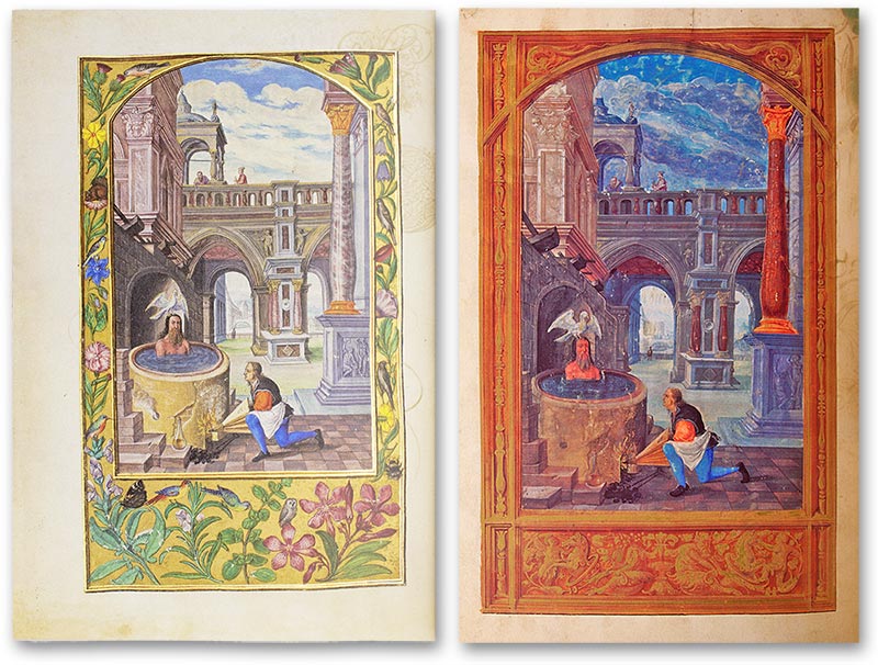 Splendor Solis, Deutschland — 1440 (links) Splendor Solis - Sonnenglanz, wohl Nürnberg (Deutschland) — 1531/32 (rechts) Vergleich des "Badenden Alchemisten" in Splendor Solis, Deutschland — 1440 (links) und dem in Splendor Solis - Sonnenglanz, wohl Nürnberg (Deutschland) — 1531/32 (rechts), die bis auf die Farbigkeit und die Rahmengestaltungen nahezu identisch sind.