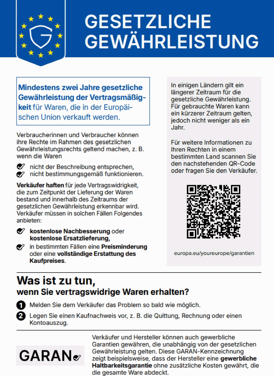 Gesetzliche Gewährleistung: Mindestens zwei Jahre gesetzliche Gewährleistung der Vertragsmäßigkeit für Waren, die in der Europäischen Union verkauft werden. Verbraucherinnen und Verbraucher können ihre Rechte im Rahmen des gesetzlichen Gewährleistungsrechts geltend machen, z. B. wenn die Waren nicht der Beschreibung entsprechen oder nicht bestimmungsgemäß funktionieren. Verkäufer haften für jede Vertragswidrigkeit, die zum Zeitpunkt der Lieferung der Waren bestand und innerhalb des Zeitraums der gesetzlichen Gewährleistung erkennbar wird, und müssen kostenlose Nachbesserung oder kostenlose Ersatzlieferung, in bestimmten Fällen eine Preisminderung oder eine vollständige Erstattung des Kaufpreises anbieten. In einigen Ländern gilt ein längerer Zeitraum für die gesetzliche Gewährleistung. Für gebrauchte Waren kann ein kürzerer Zeitraum gelten, jedoch nicht weniger als ein Jahr. Weitere Informationen: europa.eu/youreurope/garantien